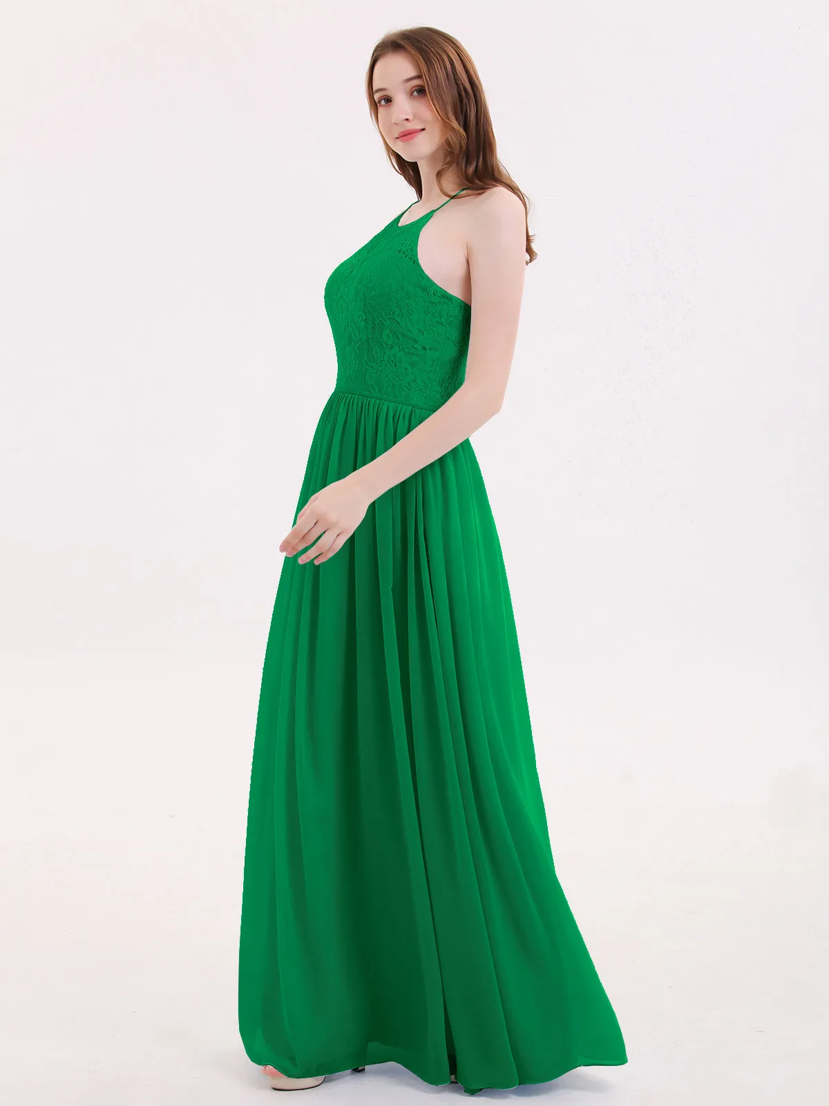 Illusion Neck Lace and Chiffon Maxi Gowns-Emerald