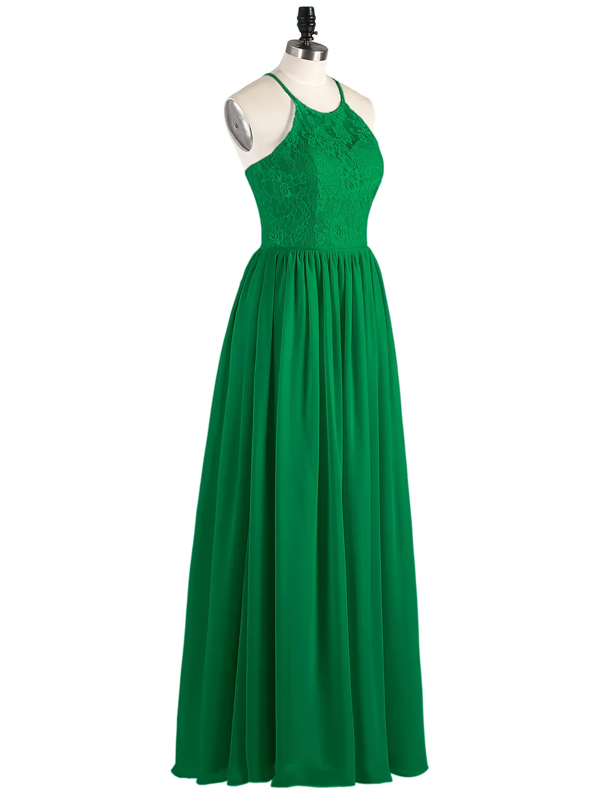 Illusion Neck Lace and Chiffon Maxi Gowns-Emerald