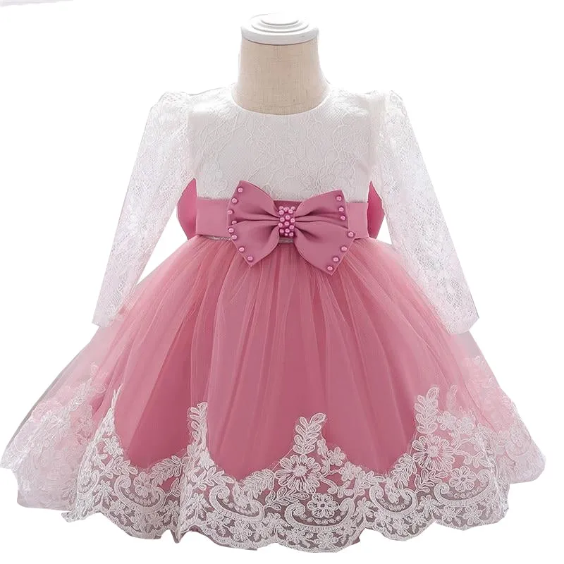 Infant Lace Floral Print Long Sleeve Dresses For Baptism