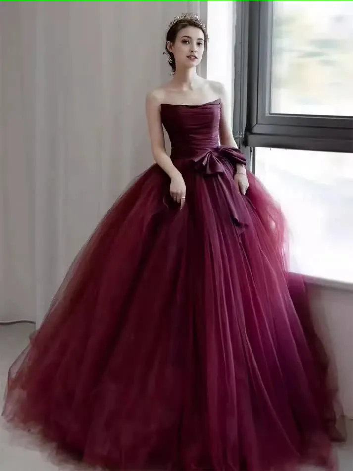 kamahe Ball Gown Burgundy Strapless Prom Dresses Evening Dress