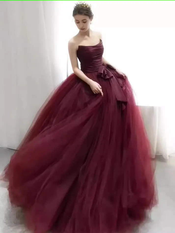 kamahe Ball Gown Burgundy Strapless Prom Dresses Evening Dress