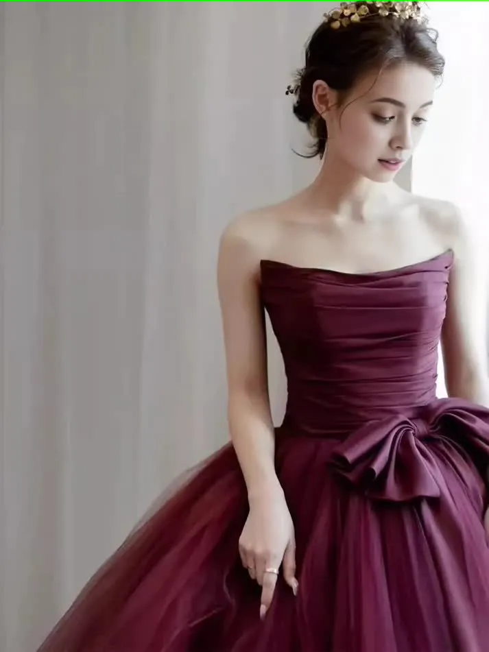 kamahe Ball Gown Burgundy Strapless Prom Dresses Evening Dress