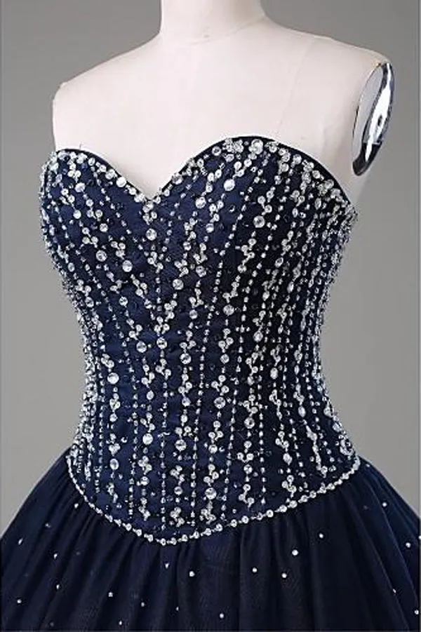 kamahe Navy Blue Ball Gown Floor Length Sweetheart Sleeveless Mid Back Prom Dresses