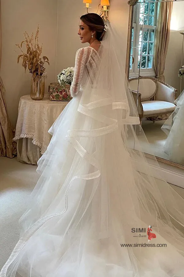 Layered Tulle Ball Gown V-neck Long Sleeves Wedding Dress With Train, SW665