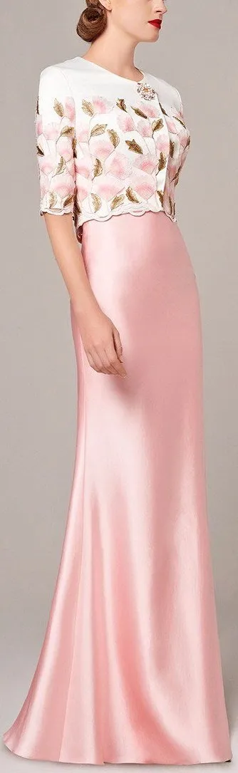 Long Satin Gown with Embroidered Caplet Jacket