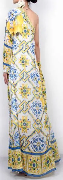 Long Tile Printed Satin One-Sleeve Maxi Dress