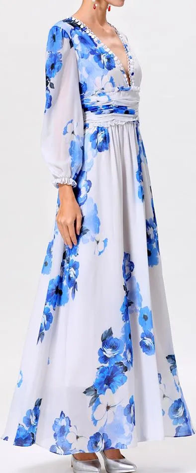 Low-Cut V-Neck Blue-Floral-Print Gown