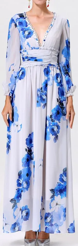 Low-Cut V-Neck Blue-Floral-Print Gown