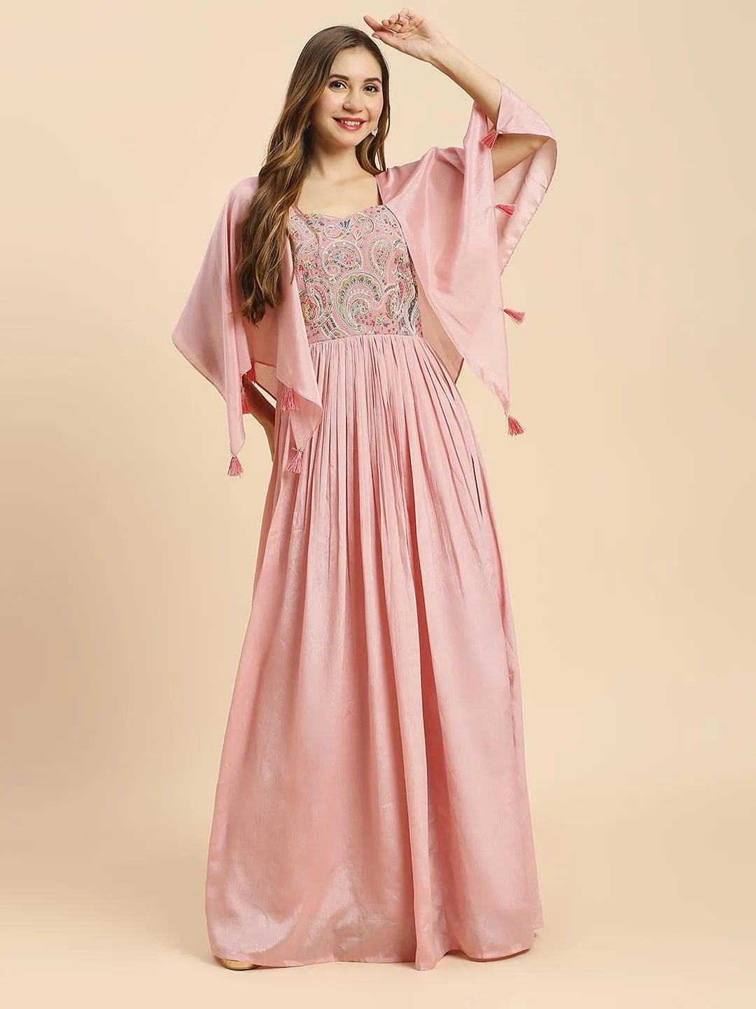 Madhuram Women's Chinon Gown for Women Ethnic with Embroidery Work Long Gown(M-2456 Baby Pink_Small)