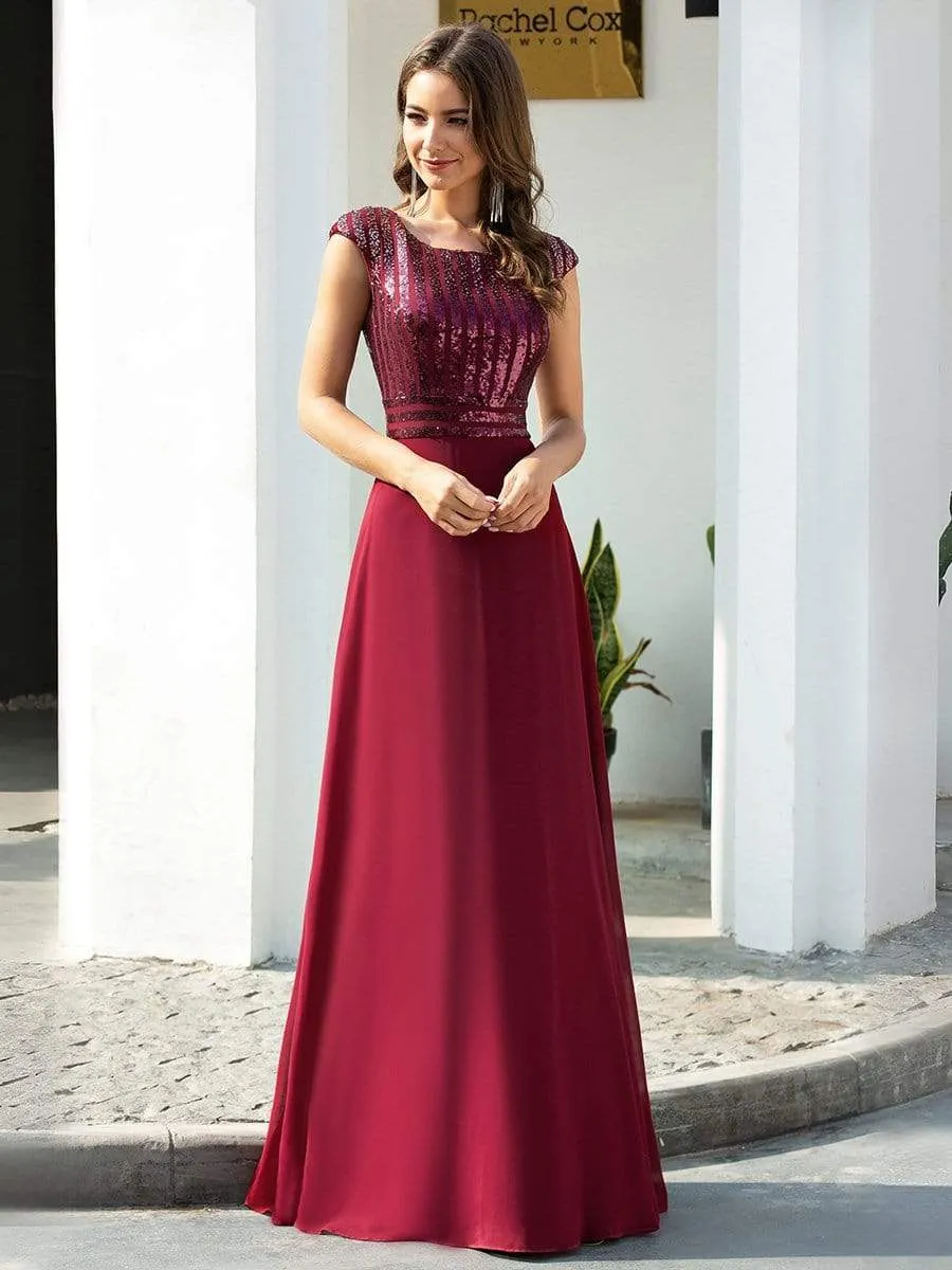 Maxi Long A-Line Round Neckline Chiffon Party Dresses with Sequin