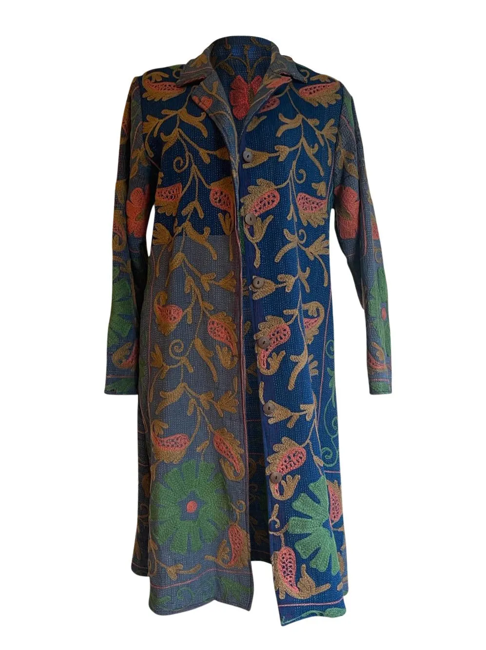 MAYA COAT - Vintage Kantha With Suzani Embroidery NAVY & BROWN- LARGE