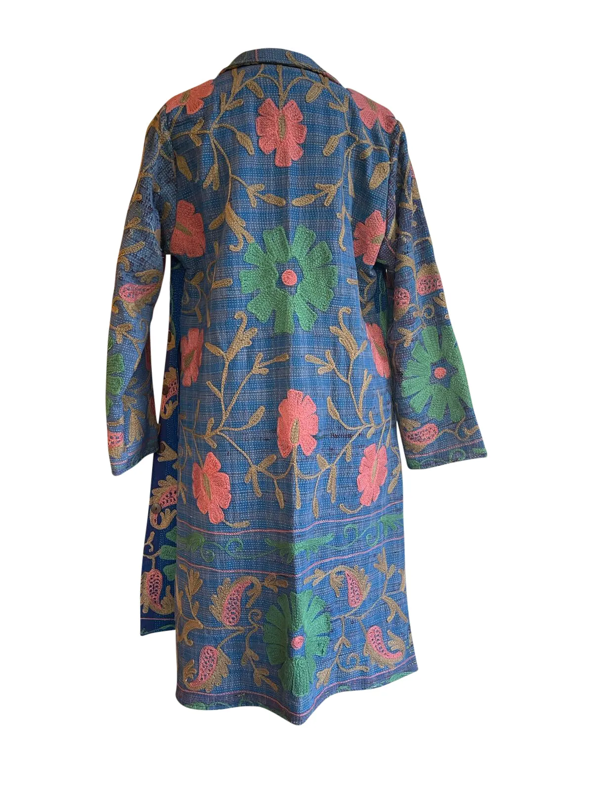 MAYA COAT - Vintage Kantha With Suzani Embroidery NAVY & BROWN- LARGE