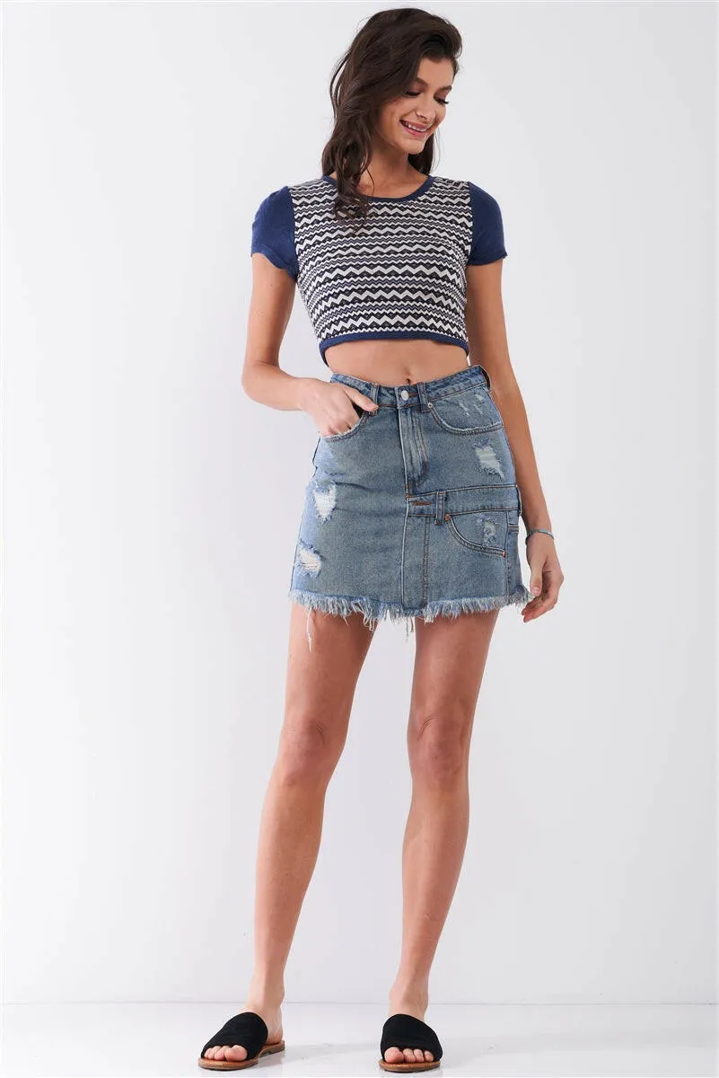 Medium Blue Denim High-waist Distressed Effect Asymmetrical Trim Raw Hem Detail