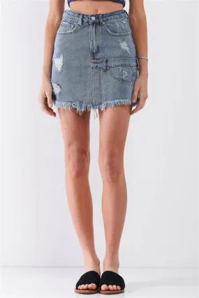 Medium Blue Denim High-waist Distressed Effect Asymmetrical Trim Raw Hem Detail