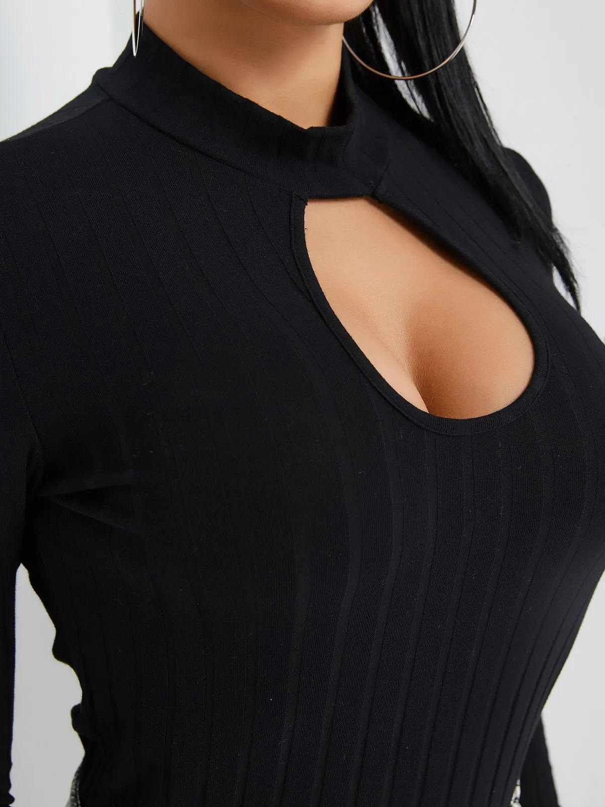 OEM ODM Cut Out Long Sleeve Black Top