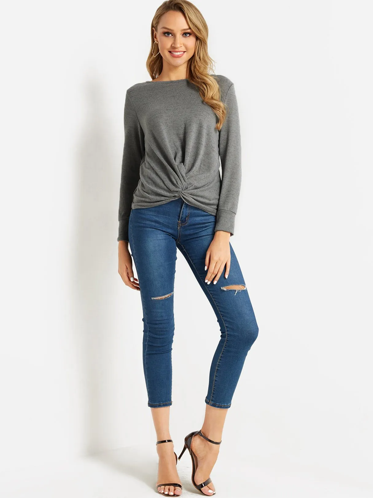 OEM ODM Round Neck Plain Crossed Front Long Sleeve Grey Top