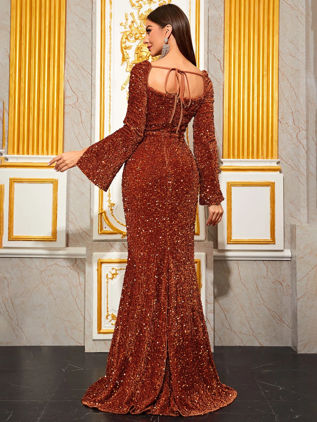 Olivia Long Sleeves Sequined Gown