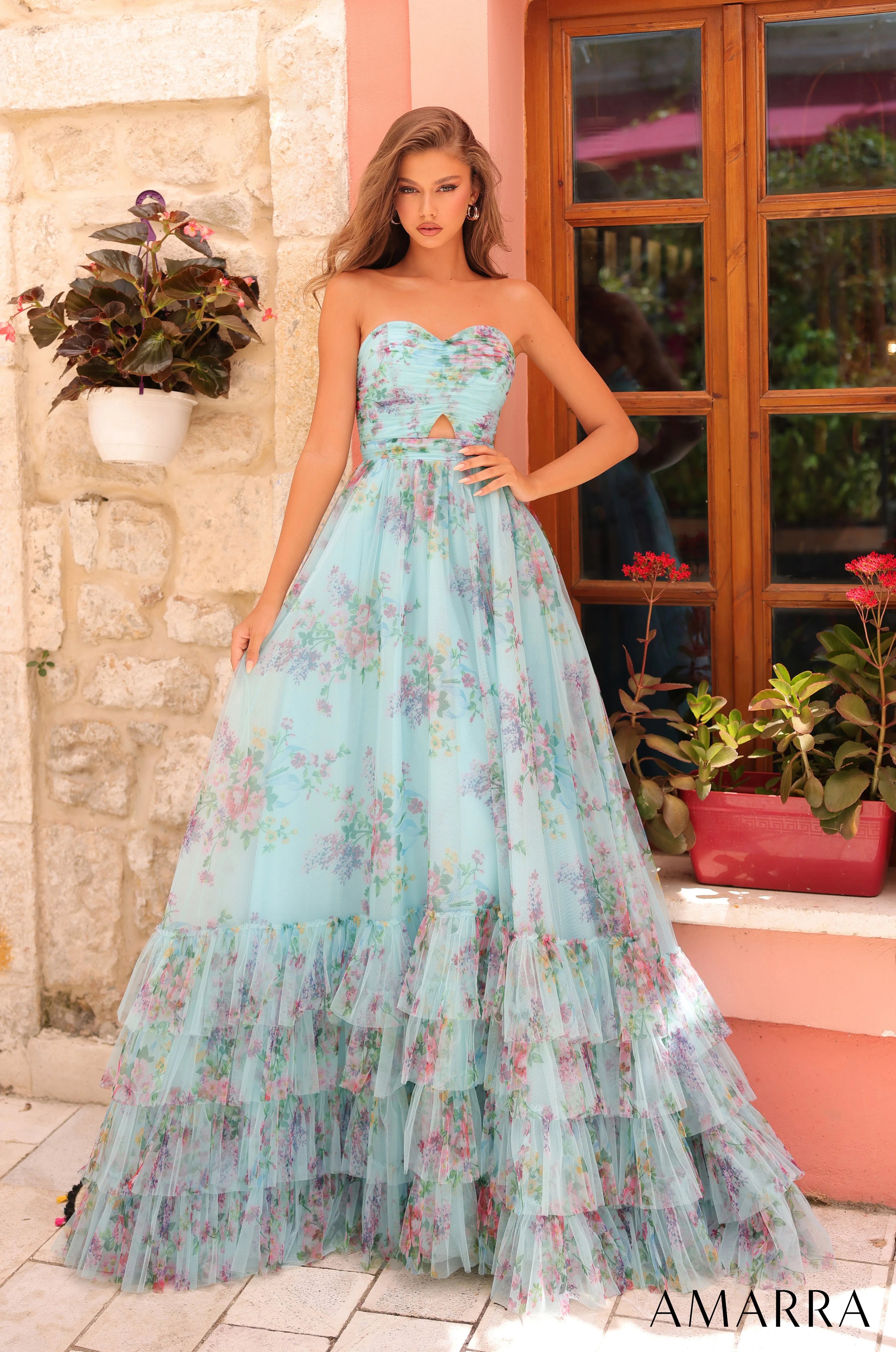 Print Strapless A-line Ruffled Gown by Amarra 88313