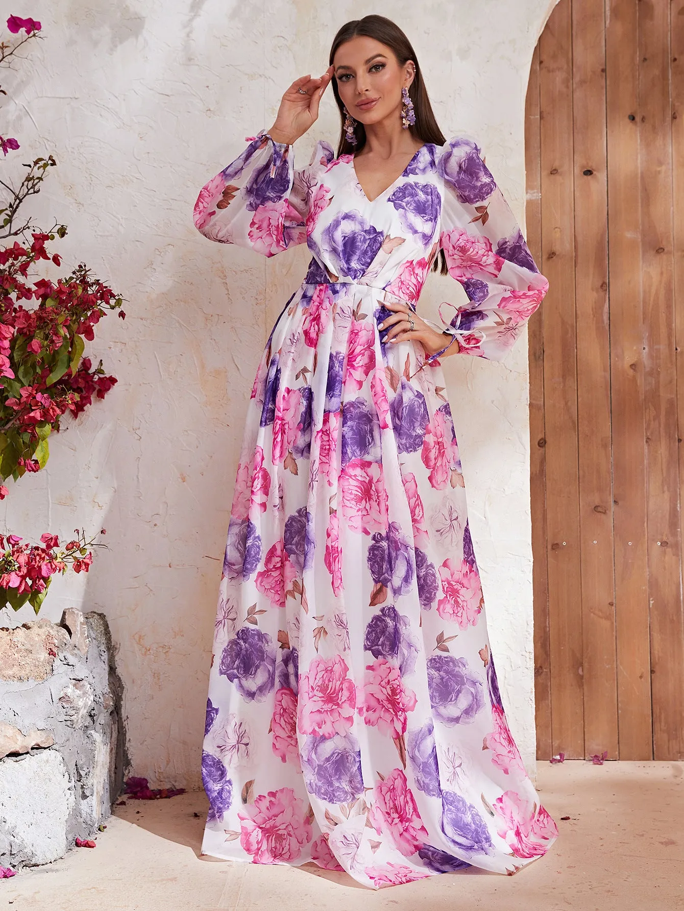 Printed Chiffon V Neck Long Sleeve Dress