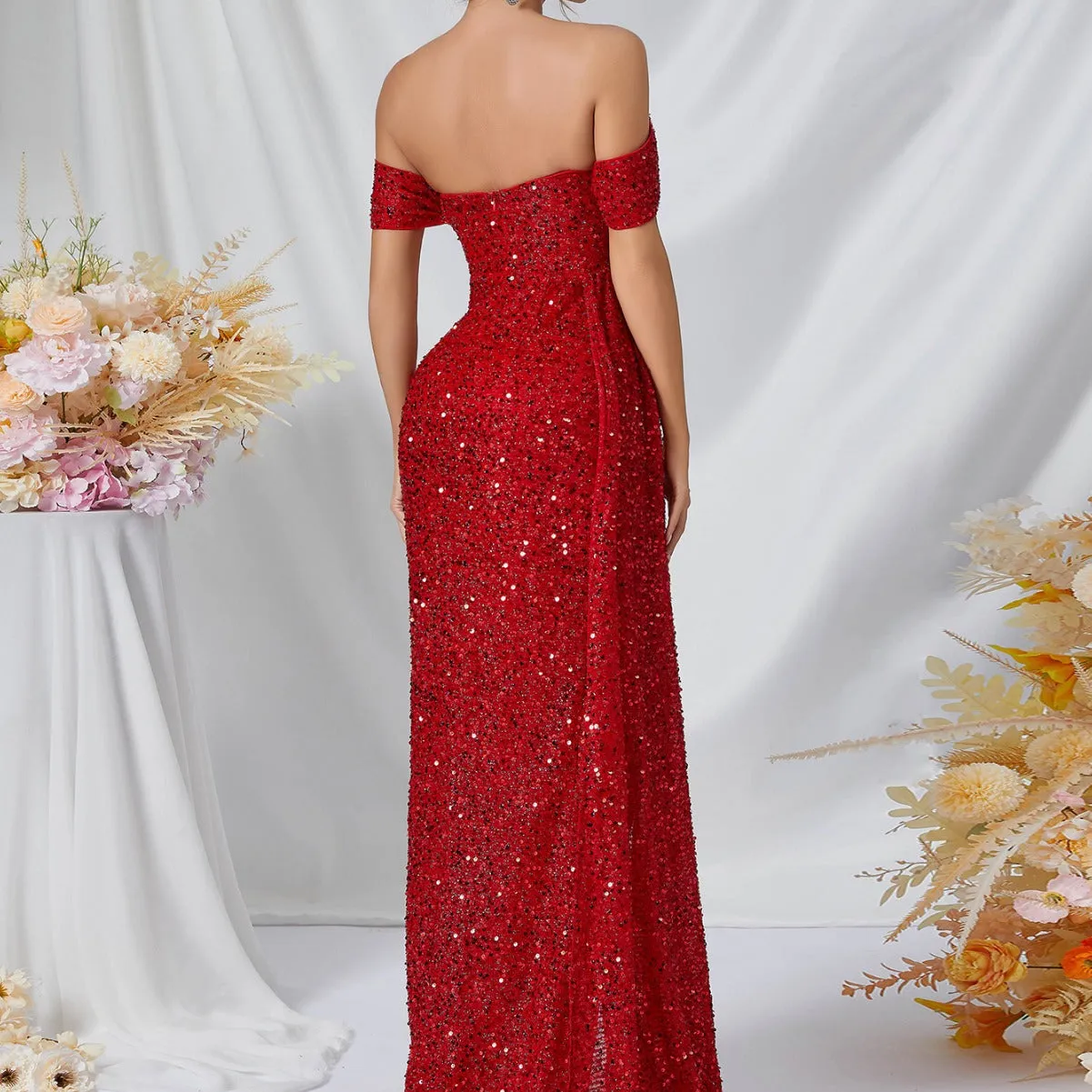 Red Sequined High Slit Gown