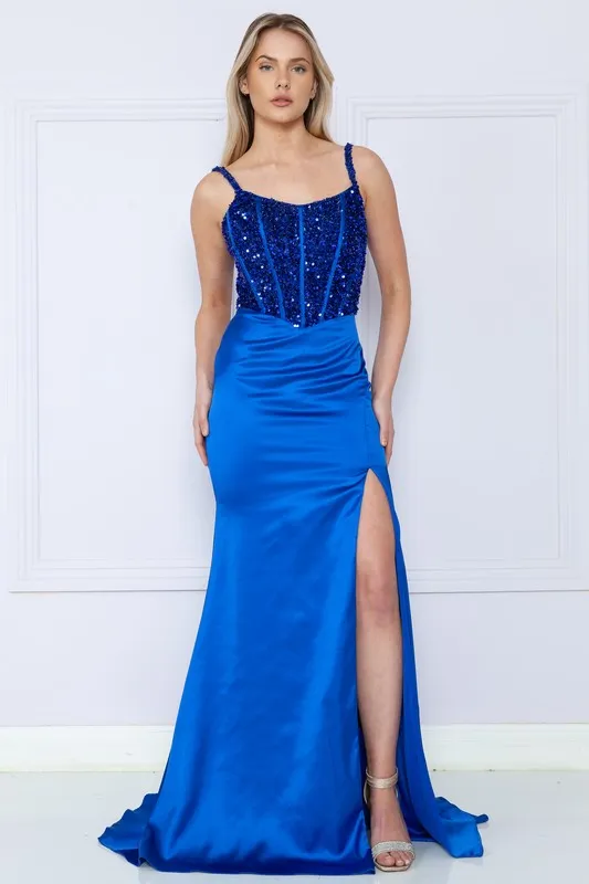 Royal Sequin Satin Corset Top Long Dress