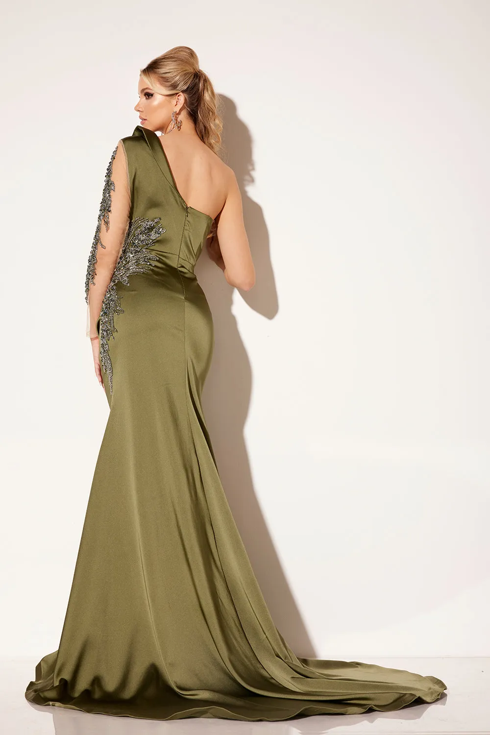 Satin Fitted One Shoulder Slit Gown by Lucci Lu C8094