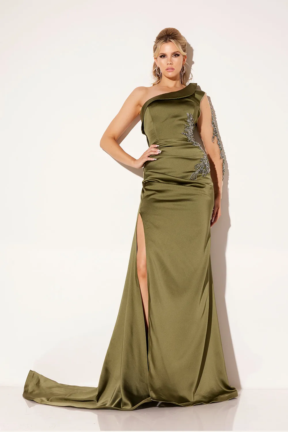 Satin Fitted One Shoulder Slit Gown by Lucci Lu C8094