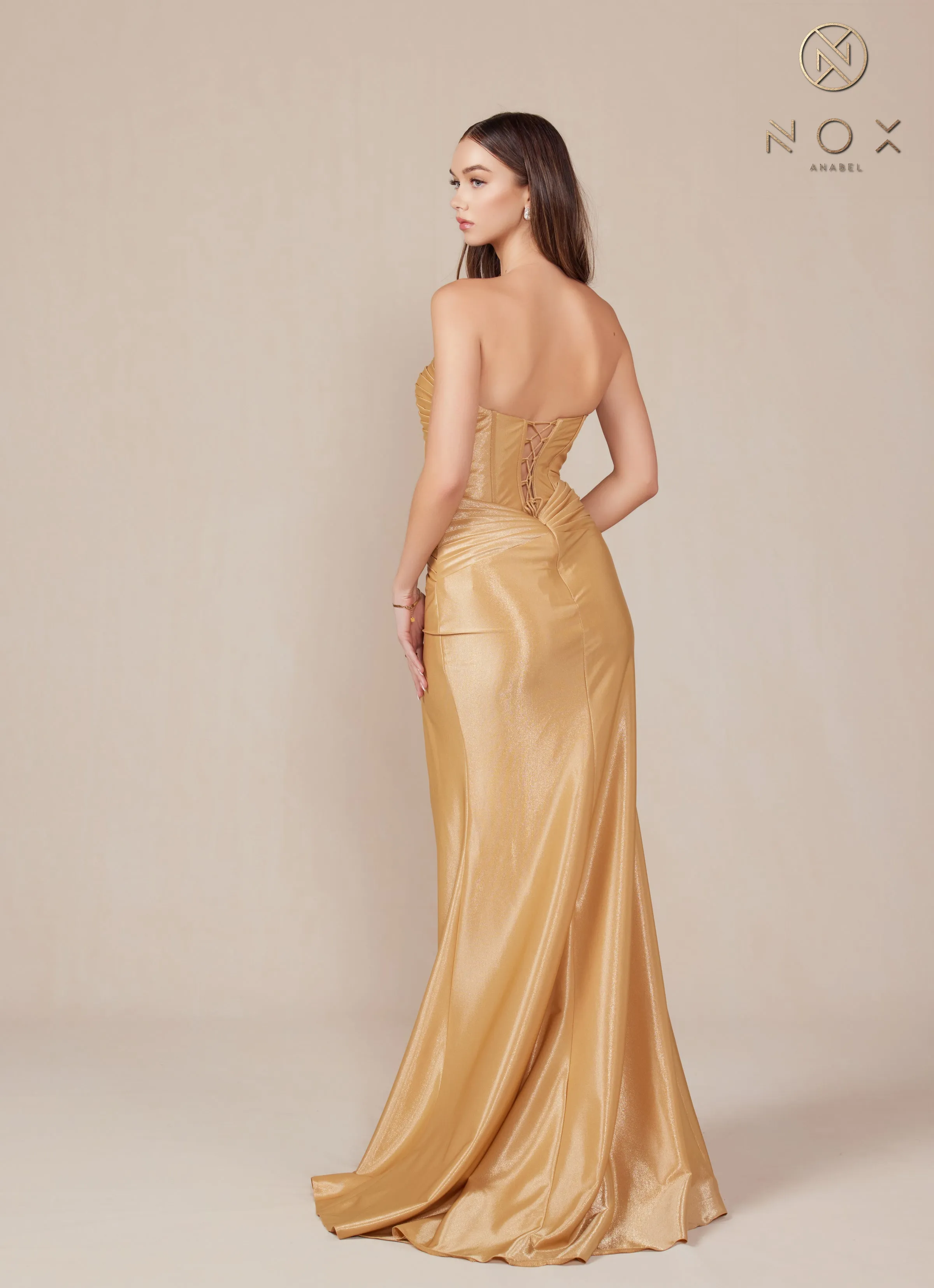 Satin Fitted Strapless Slit Gown by Nox Anabel T1489