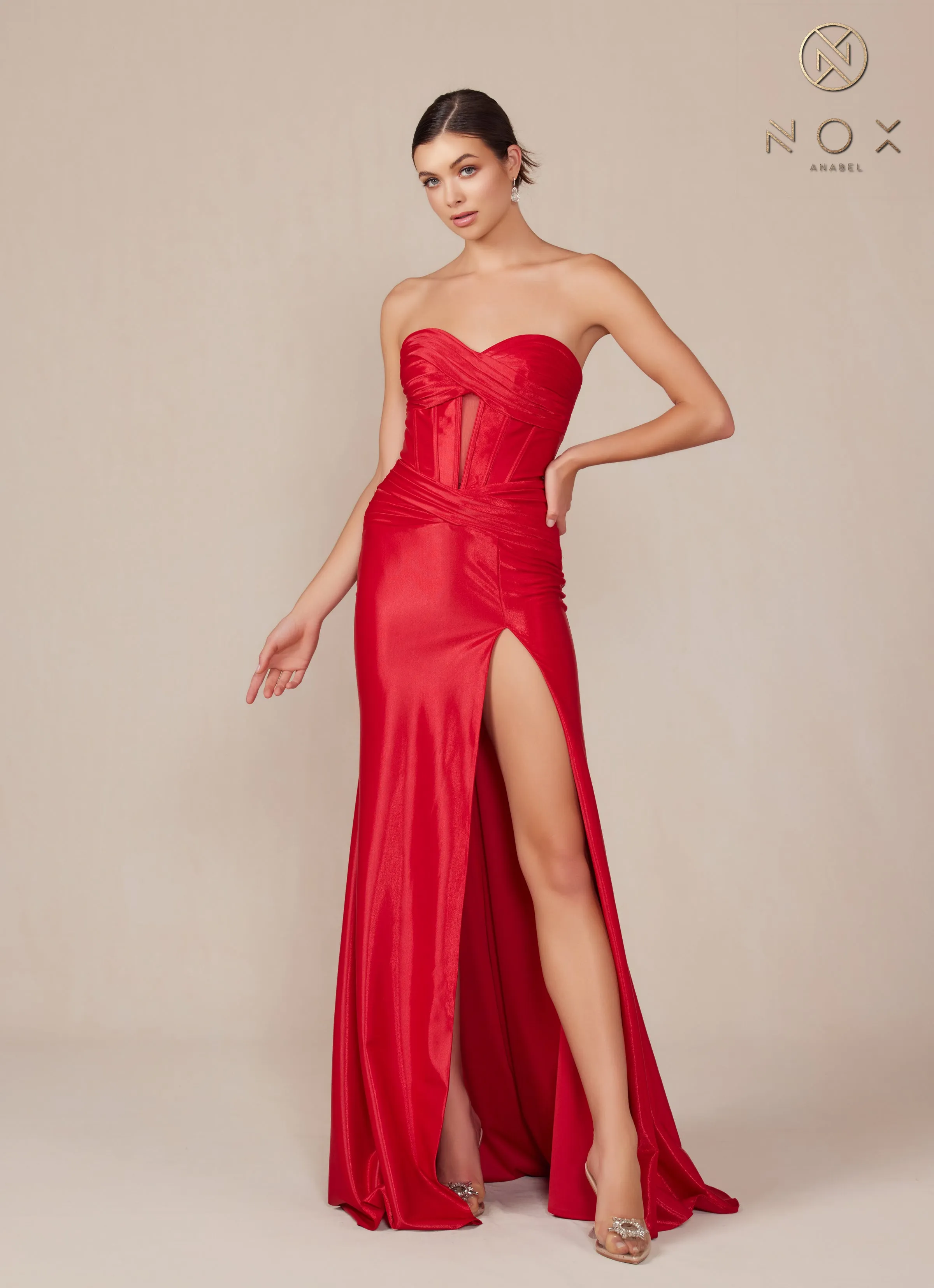 Satin Fitted Strapless Slit Gown by Nox Anabel T1489