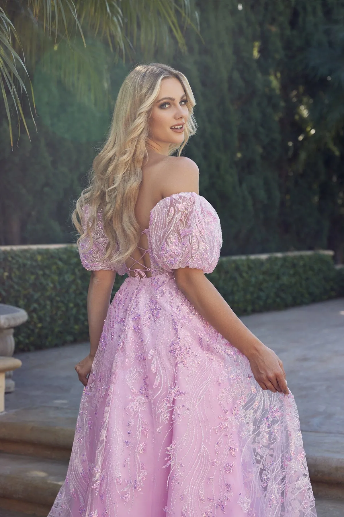 Sequin Print Puff Sleeve Corset Gown by Juliet 2404