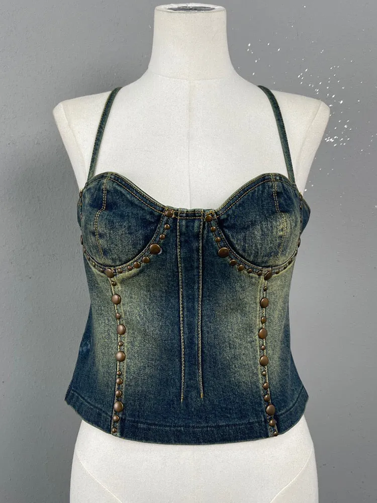 Spliced Rivet Denim Tank Tops