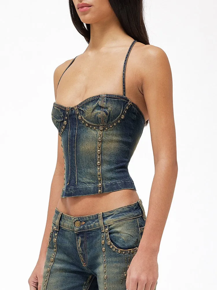 Spliced Rivet Denim Tank Tops