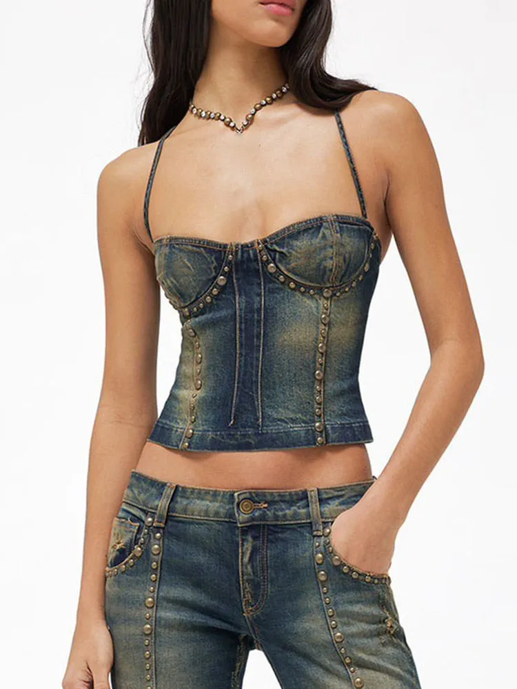 Spliced Rivet Denim Tank Tops