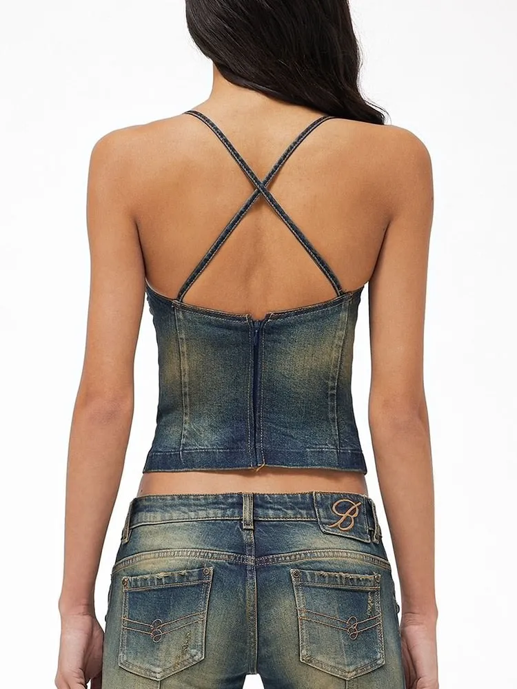 Spliced Rivet Denim Tank Tops