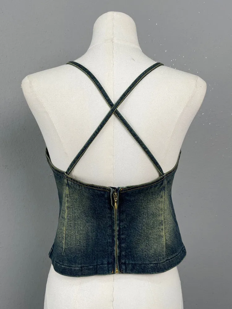 Spliced Rivet Denim Tank Tops