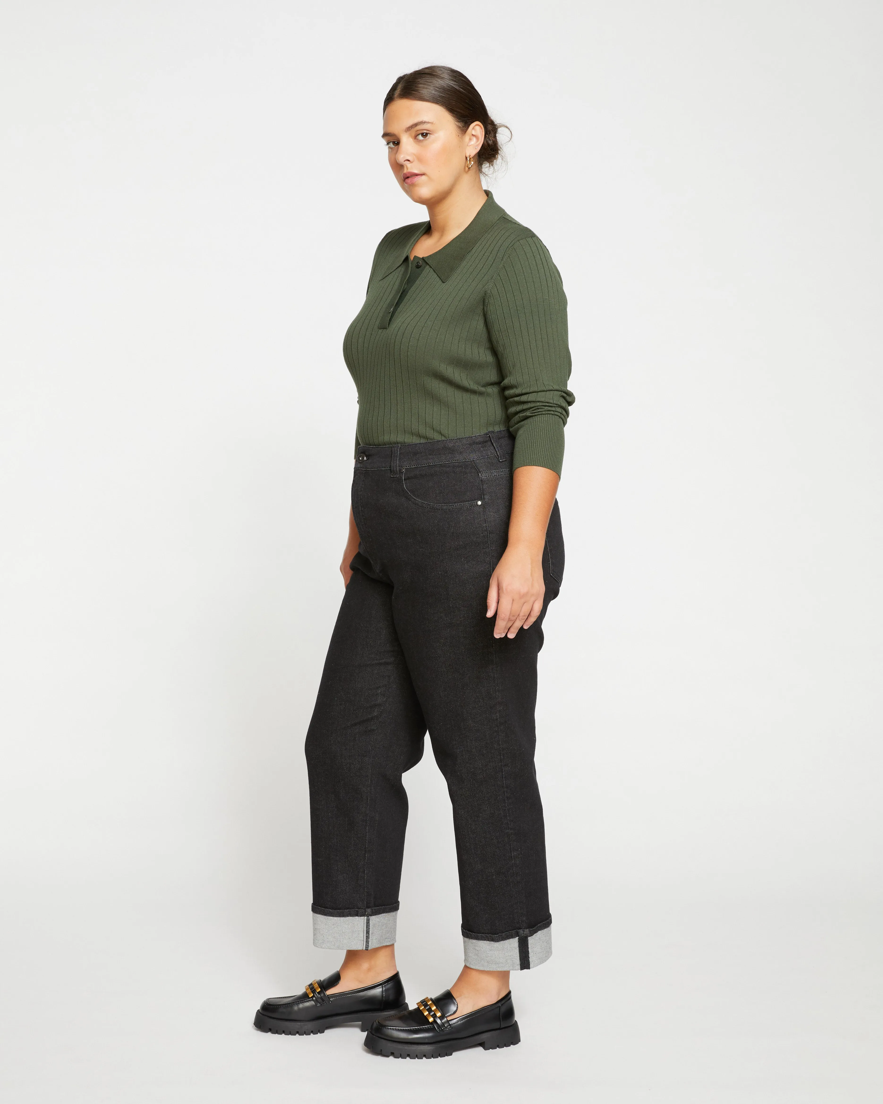 Stevie High Rise Cuffed Straight Leg Jeans - Black Selvedge