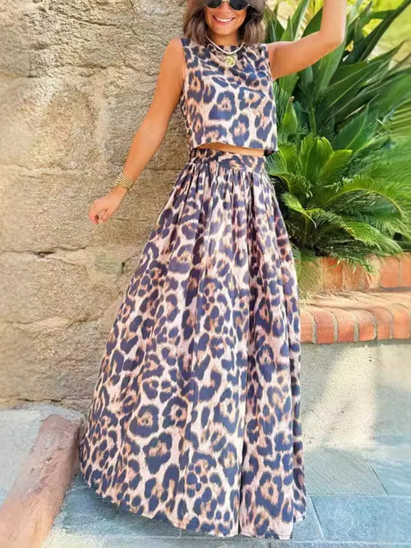 Trendy Leopard Print Skirt & Crop Top Outfit Set