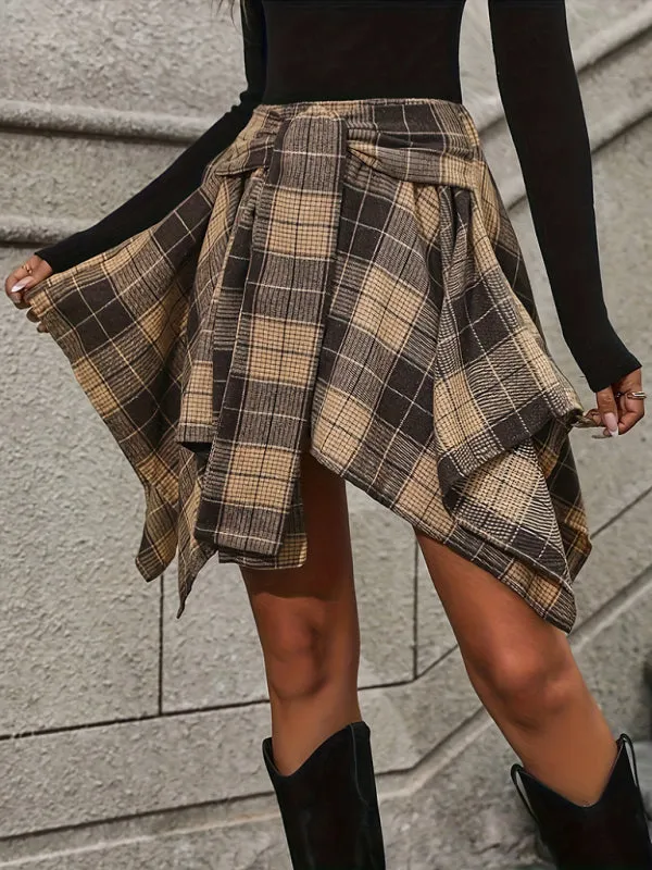 Trendy Tan Plaid Asymmetric Knot Skirt for Women