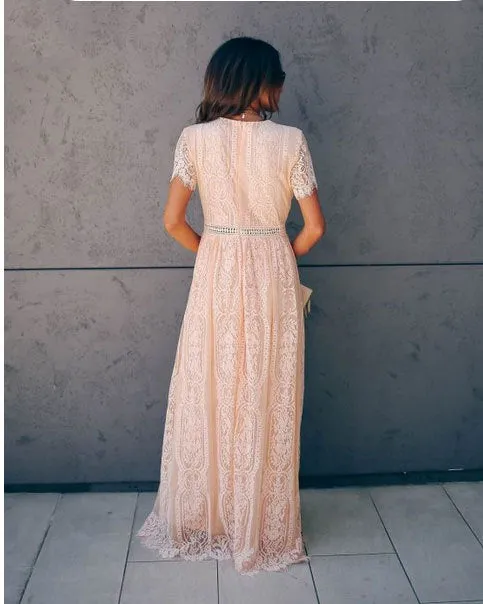 V neck Short Sleeve Hollow Out Sexy Lace Maxi Dress