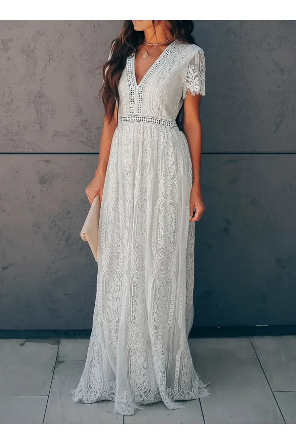 V neck Short Sleeve Hollow Out Sexy Lace Maxi Dress