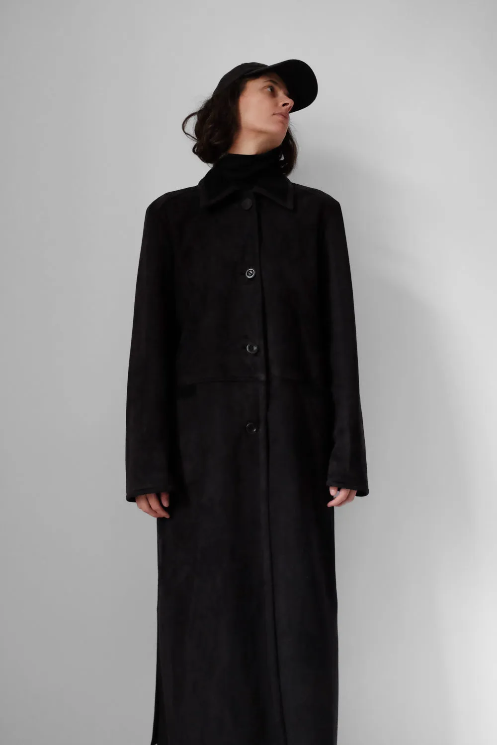 VINTAGE BLACK MAXI WARM FAUX SUEDE COAT