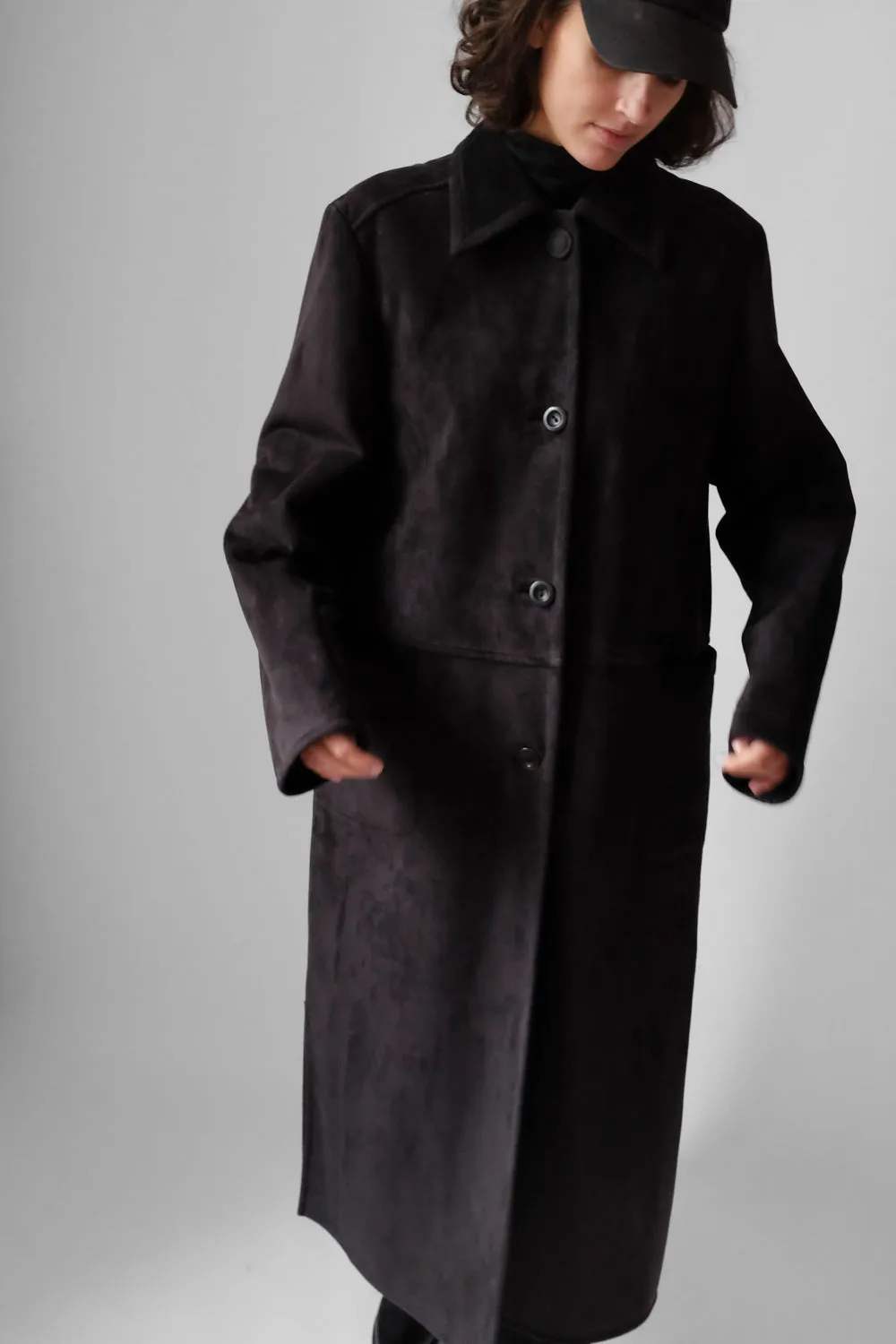 VINTAGE BLACK MAXI WARM FAUX SUEDE COAT