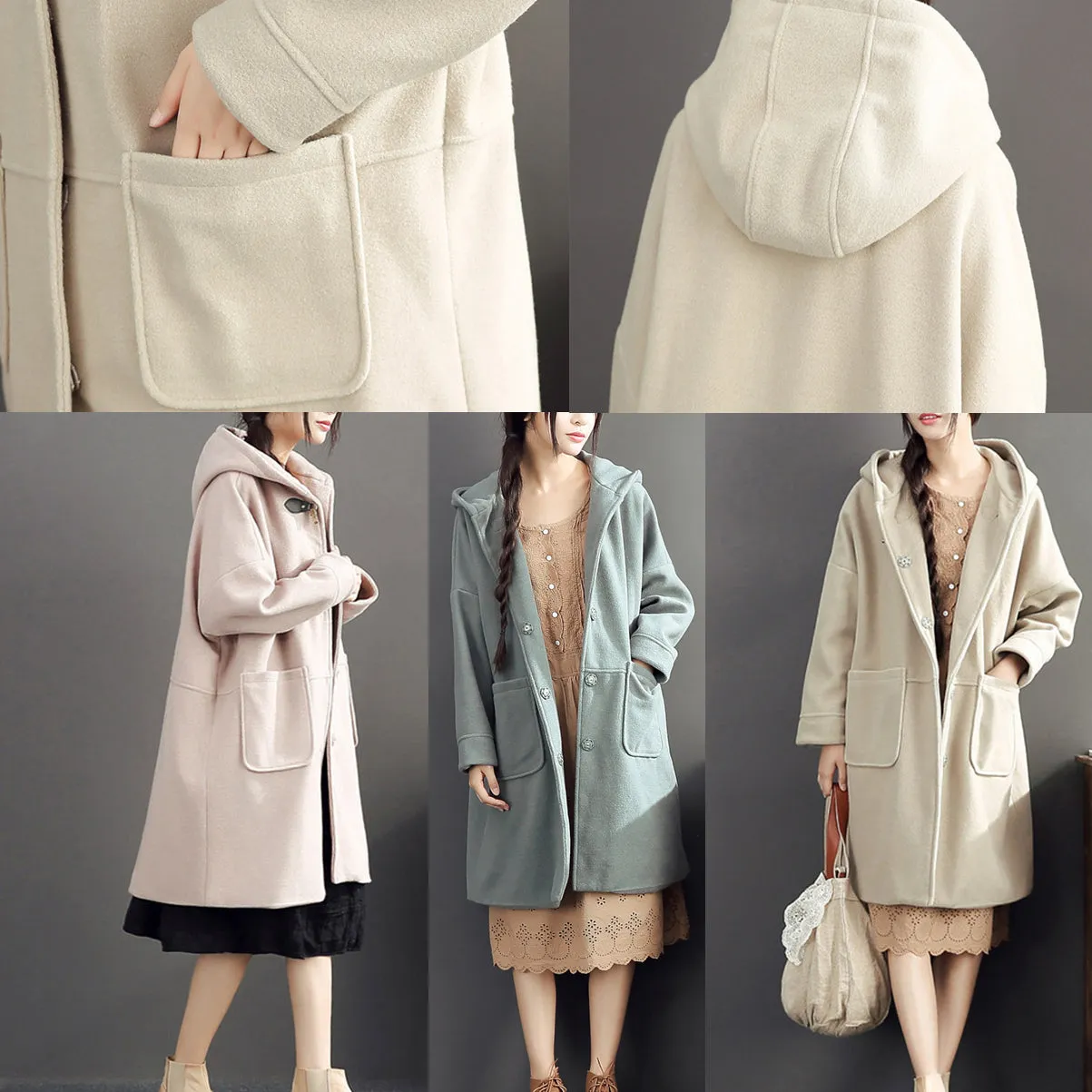 warm fall woolen outfits light green oversize pockets long sleeve coats