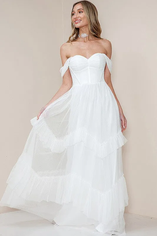 White Off Shoulder Ruffle Layered Tulle Maxi Dress