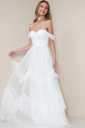 White Off Shoulder Ruffle Layered Tulle Maxi Dress