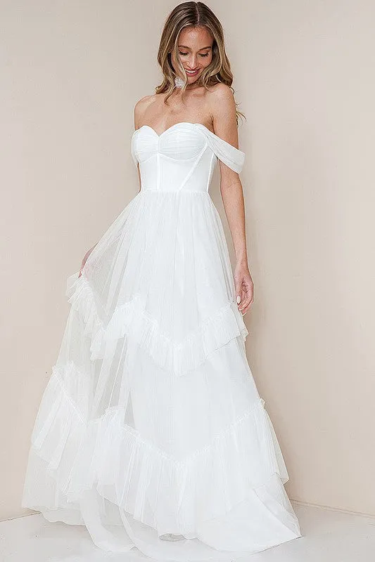 White Off Shoulder Ruffle Layered Tulle Maxi Dress