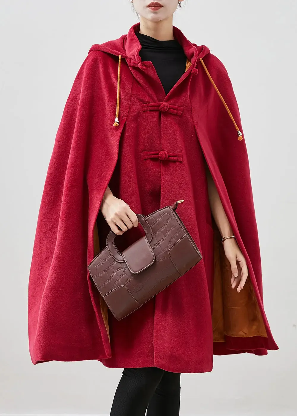 Women Hooded Chinese Button Fleece Coats Cloak Sleeves