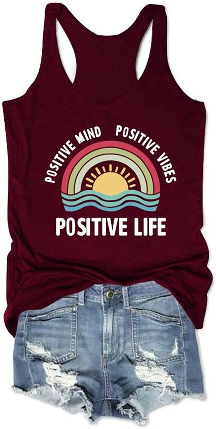 Women Positive Mind Positive Vibes Positive Life Rainbow Tank Tops