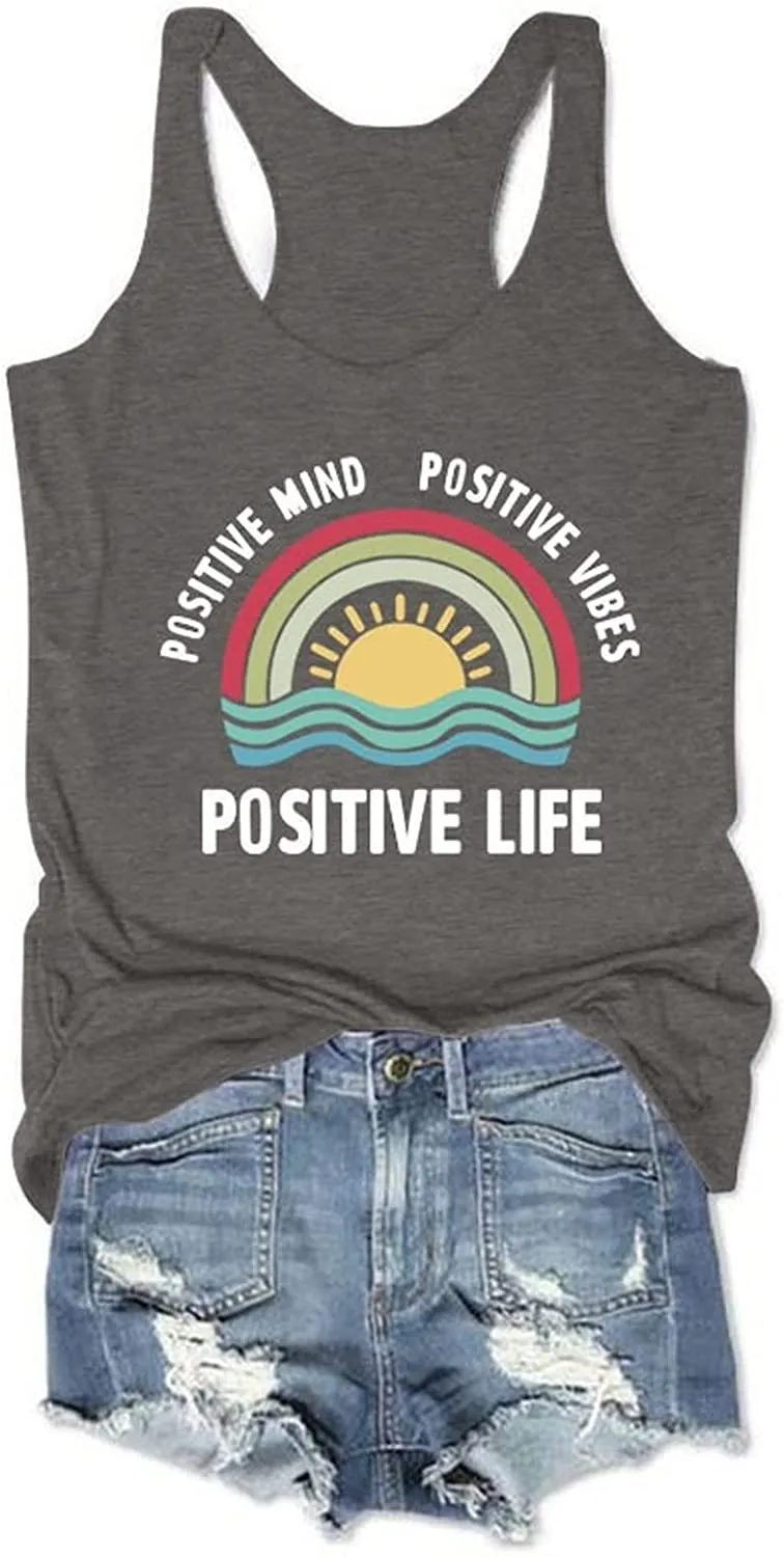 Women Positive Mind Positive Vibes Positive Life Rainbow Tank Tops