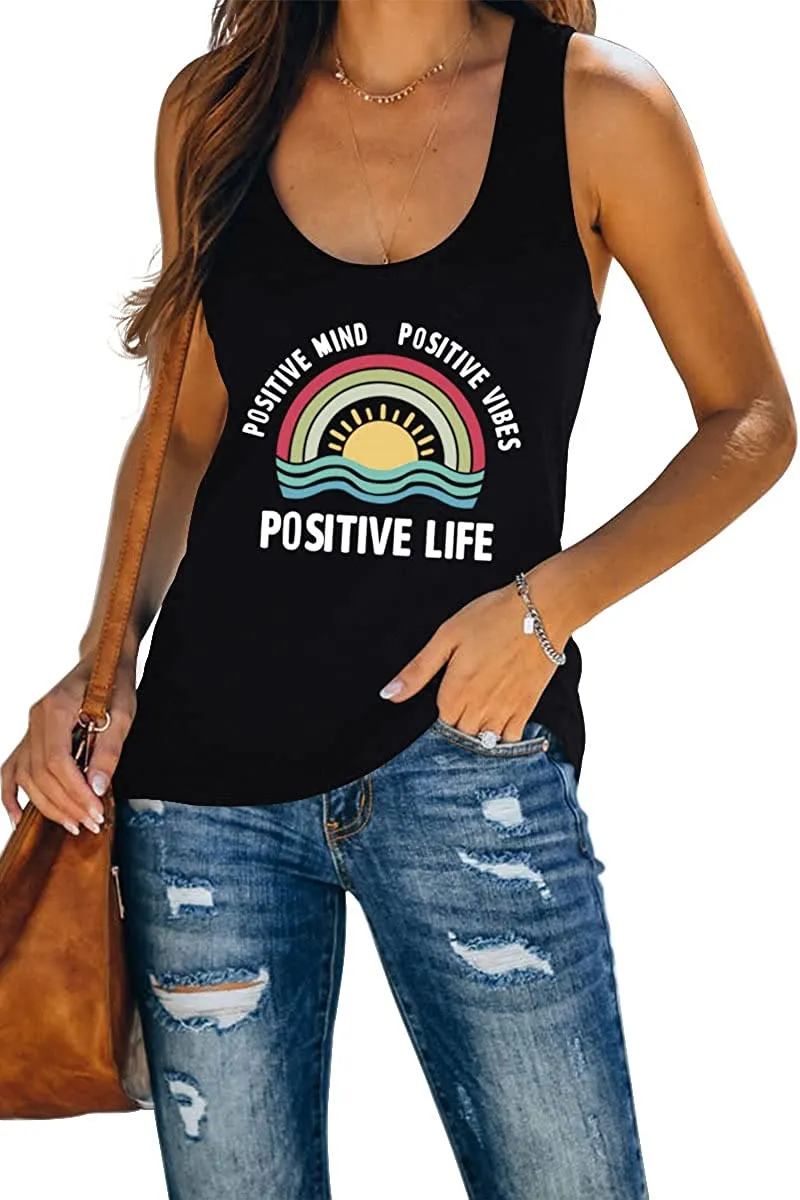 Women Positive Mind Positive Vibes Positive Life Rainbow Tank Tops